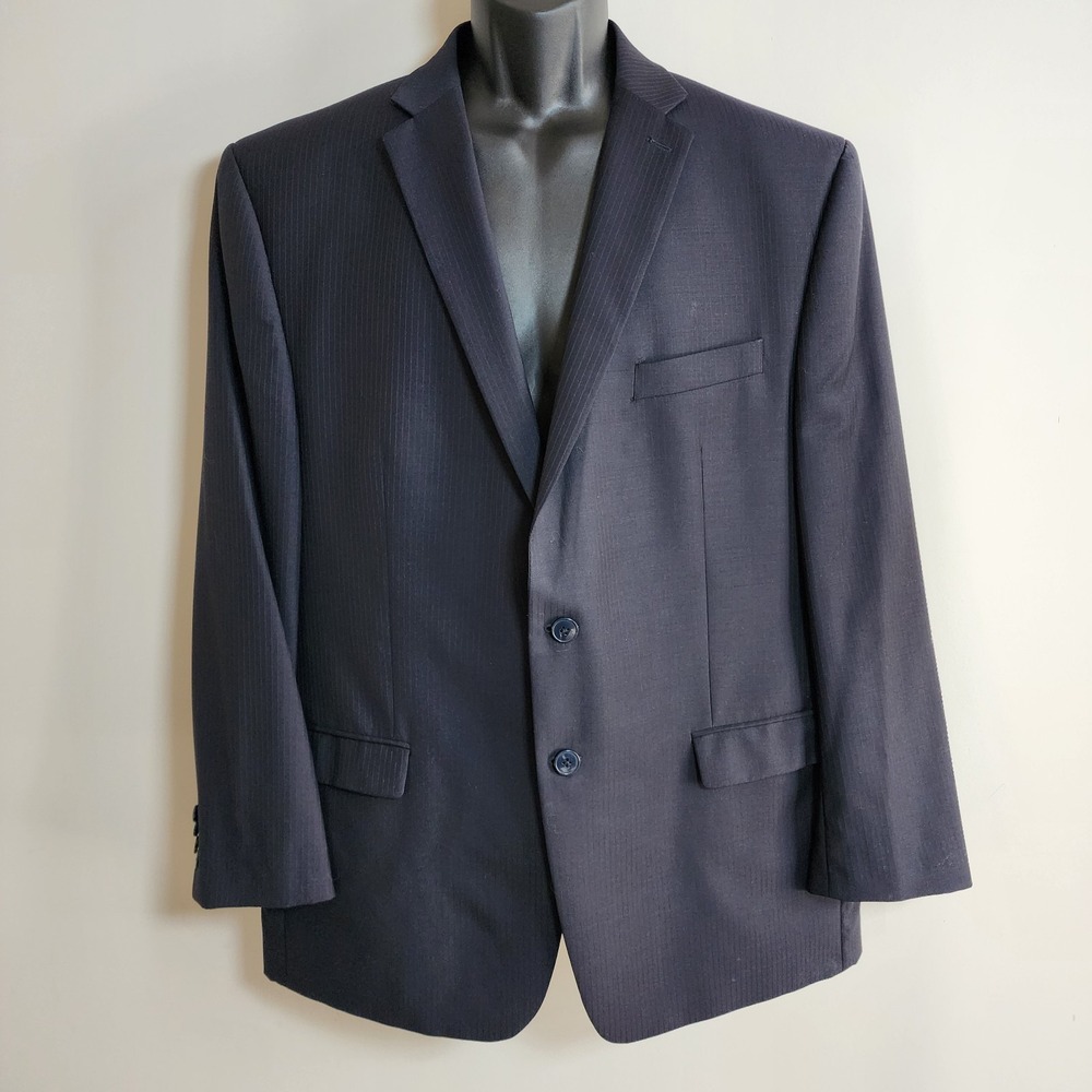 Calvin Klein Pinstripe Blazer Mens 46R Navy 100% Wool Jacket Wedding Office Grad